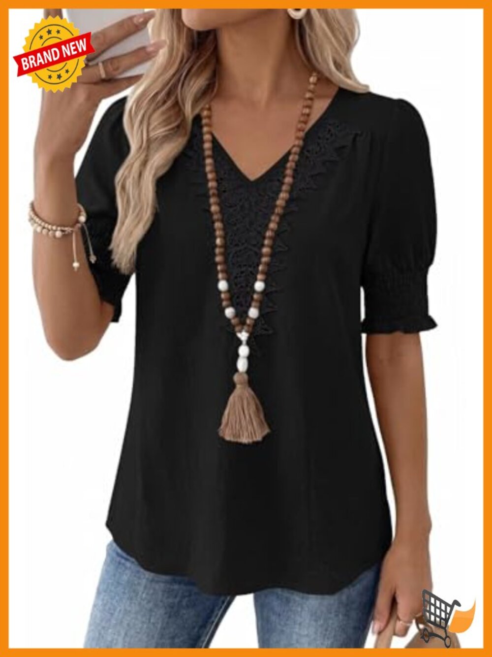 Womens Boho Lace V Neck Puff Sleeve Blouse Peasant Top